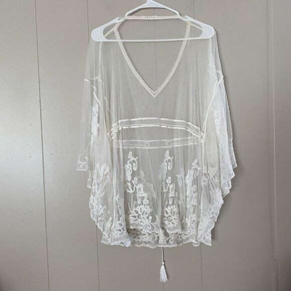Forever 21 Sheer Lace Kimono White Boho Beach Cover Up Crochet Detail One Size - Picture 2 of 7